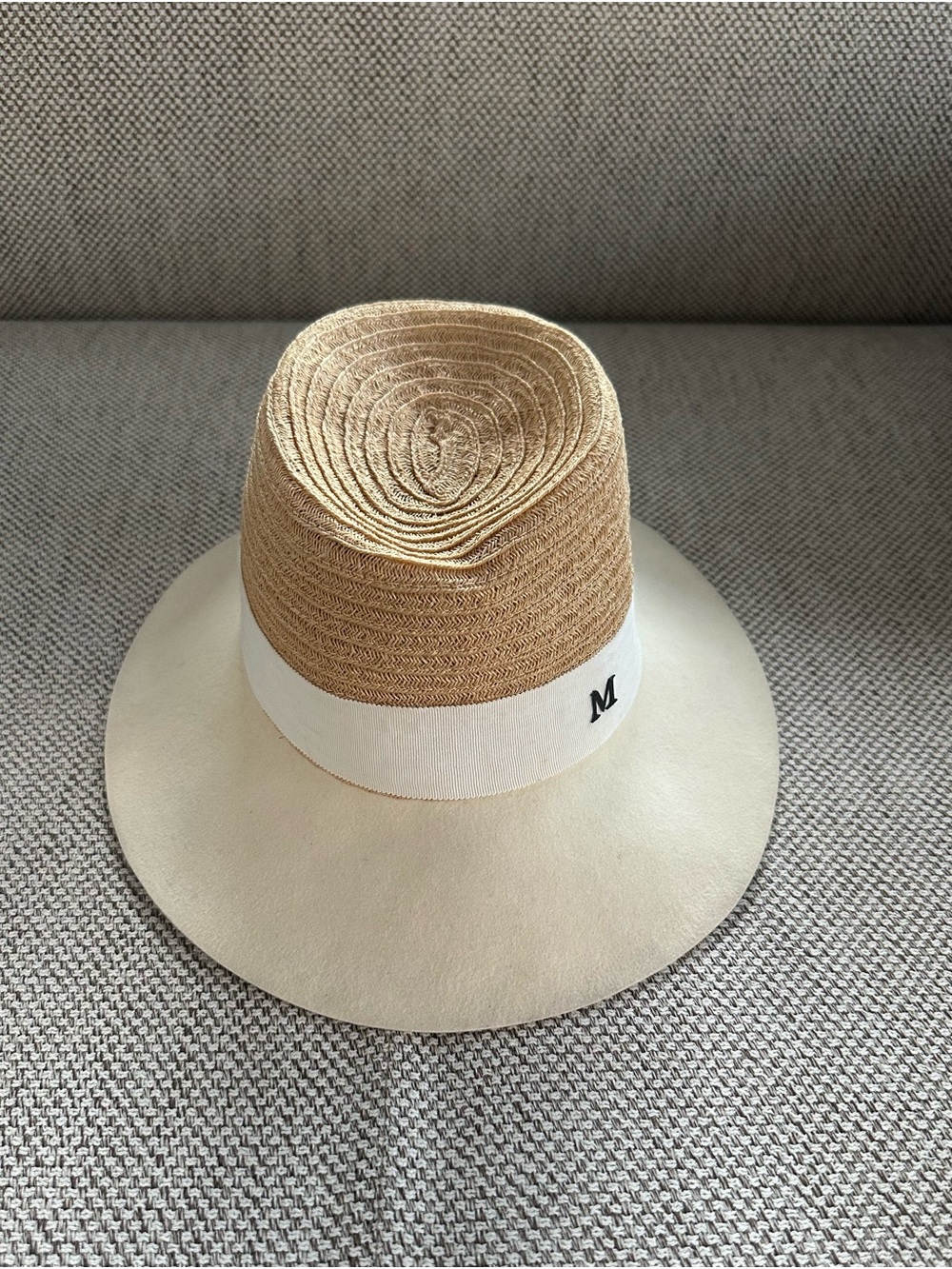MAISON Michel Wide-Brim Straw & Felt Hat with White Band and 'M' Accent